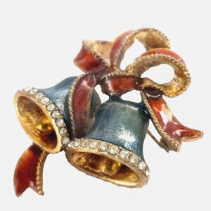 Monet Christmas Blue Bells and Red Bow Brooch with Rhinestone’s Signed 2X2"